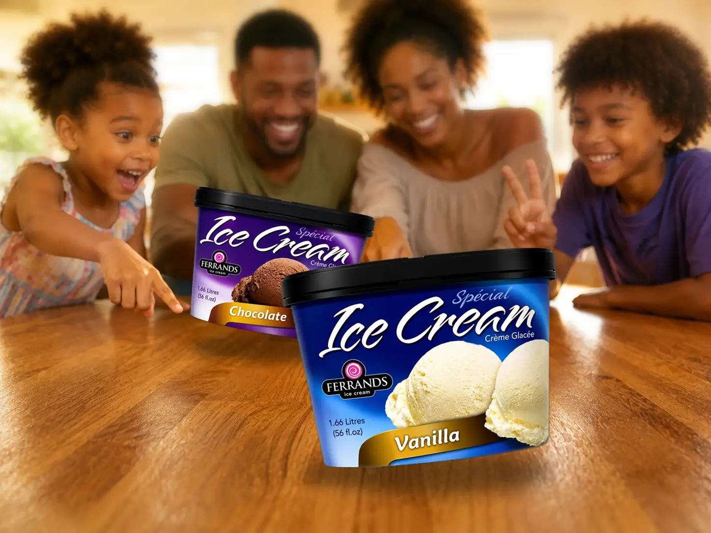 A Saint Lucian family sharing Ferrands Vanilla and Chocolate ice cream at home