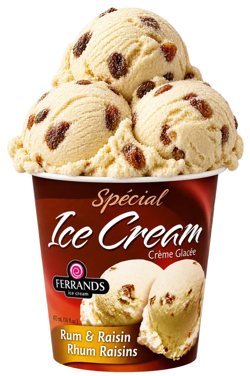 Rum and Raisin 16oz tub with scoops on top